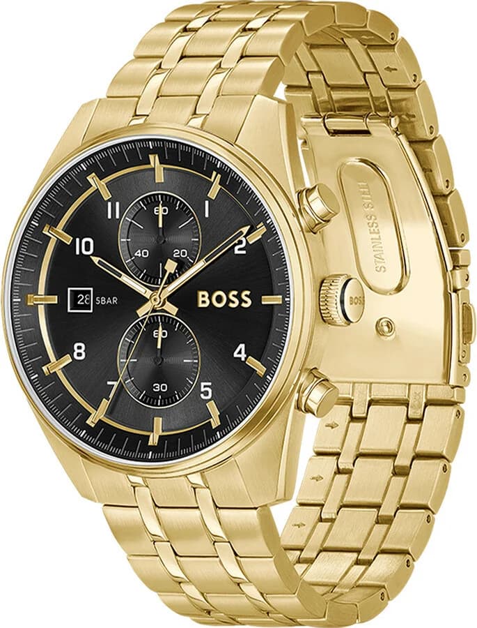 Cadran Hugo Boss 1514152 avec index bâtons appliqués, aiguilles dorées, date à 3h et compteurs chronographe