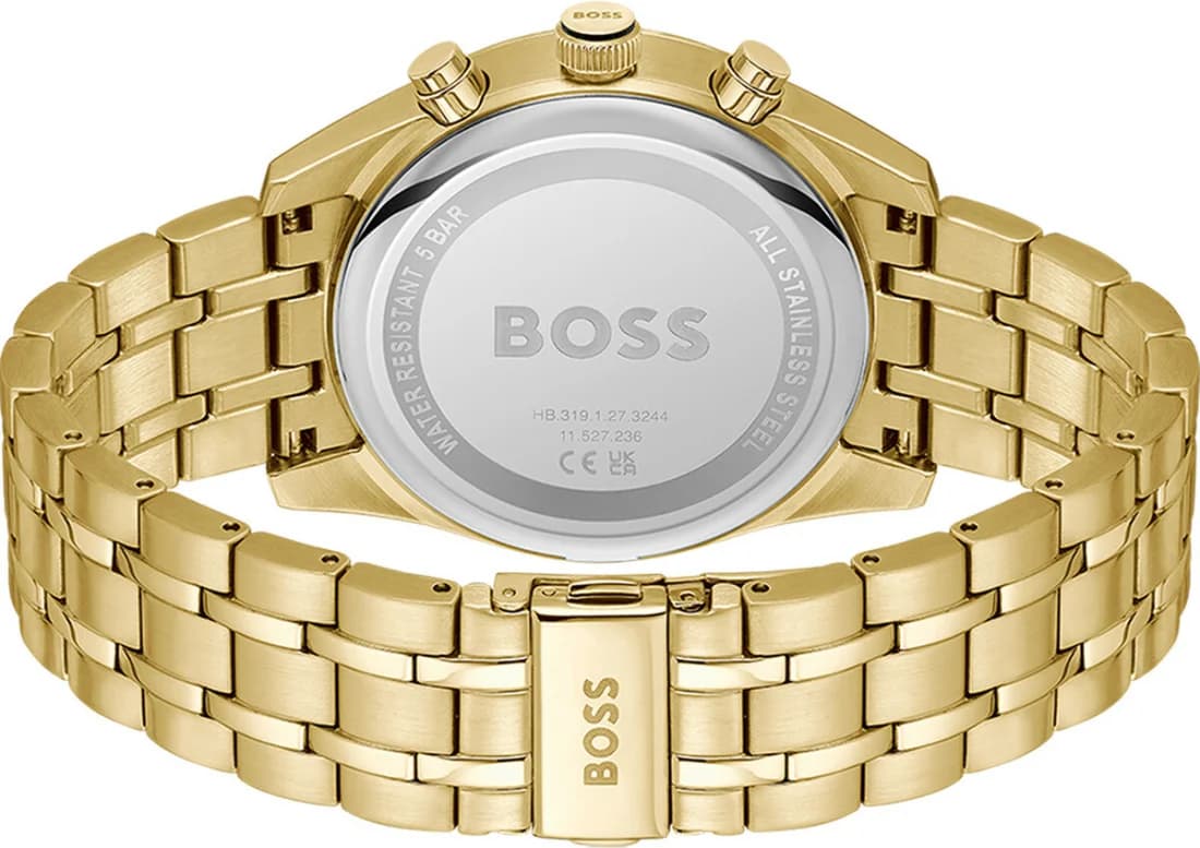 Bracelet Hugo Boss 1514152 en acier doré à maillons, fermoir déployant double sécurité, finition polie