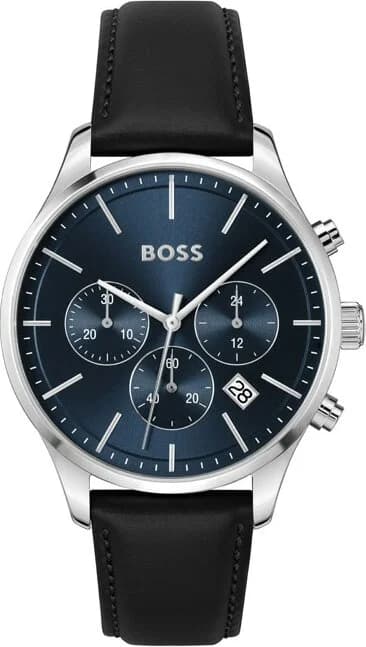 Montre Hugo Boss 1514156 avec cadran bleu soleil et bracelet cuir noir, style élégant et moderne