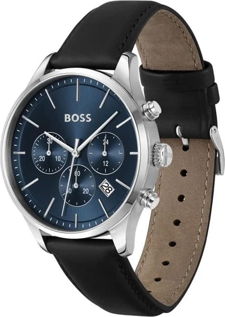 Cadran Hugo Boss 1514156 bleu soleil avec index appliqués, aiguilles bâtons et date à 3h, minimaliste