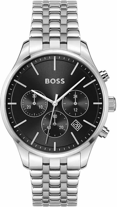 Montre Hugo Boss 1514157 au cadran noir brossé et boîtier acier argenté, style élégant et contemporain