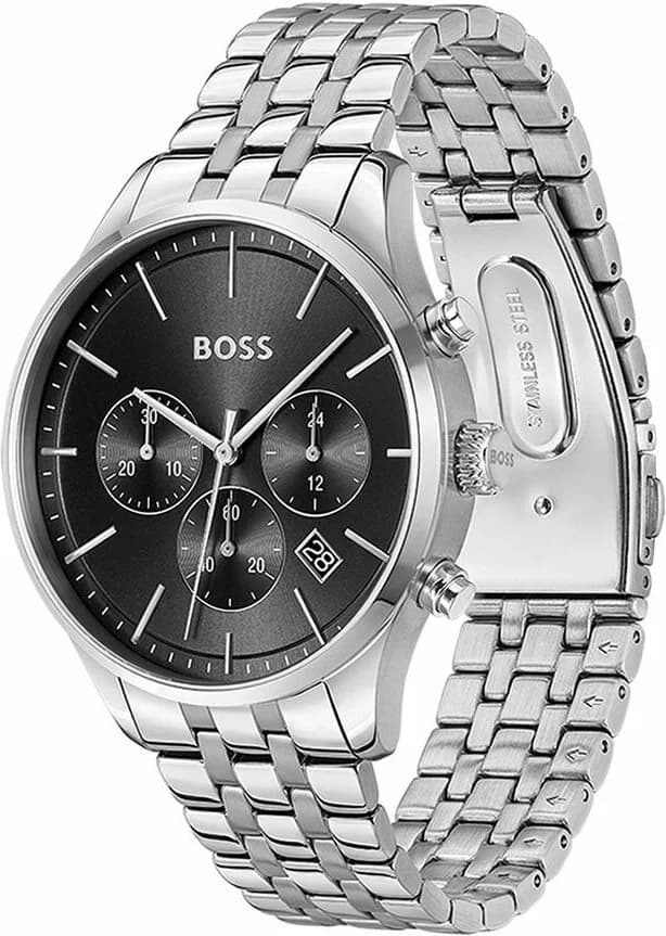Cadran Hugo Boss 1514157 aux index appliques et aiguilles argentées sur fond noir brossé, date à 3h