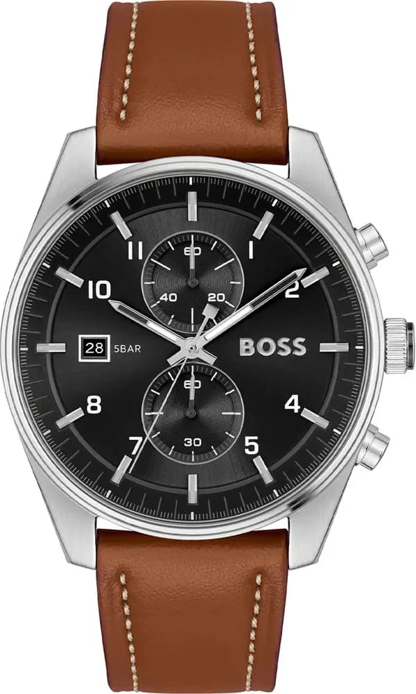 Montre Hugo Boss 1514161 avec cadran noir et index argentés, affichage chronographe et date