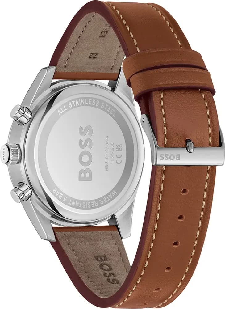 Bracelet Hugo Boss 1514161 en cuir marron cousu main avec boucle ardillon en acier inoxydable brossé