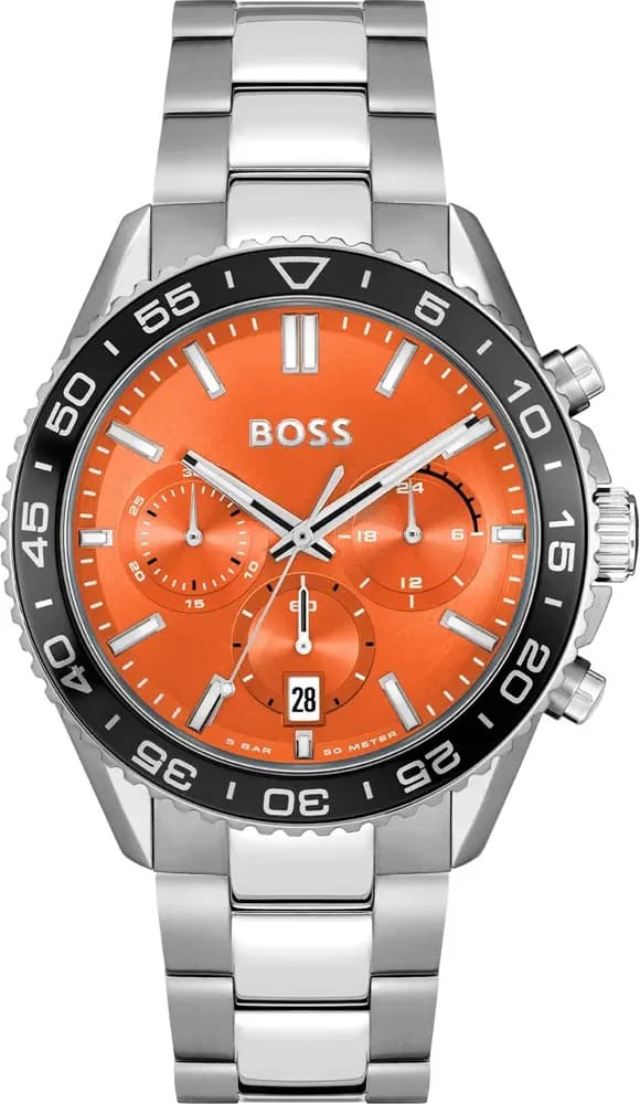 Montre Hugo Boss 1514162 acier argenté et cadran orange vif, style sportif élégant