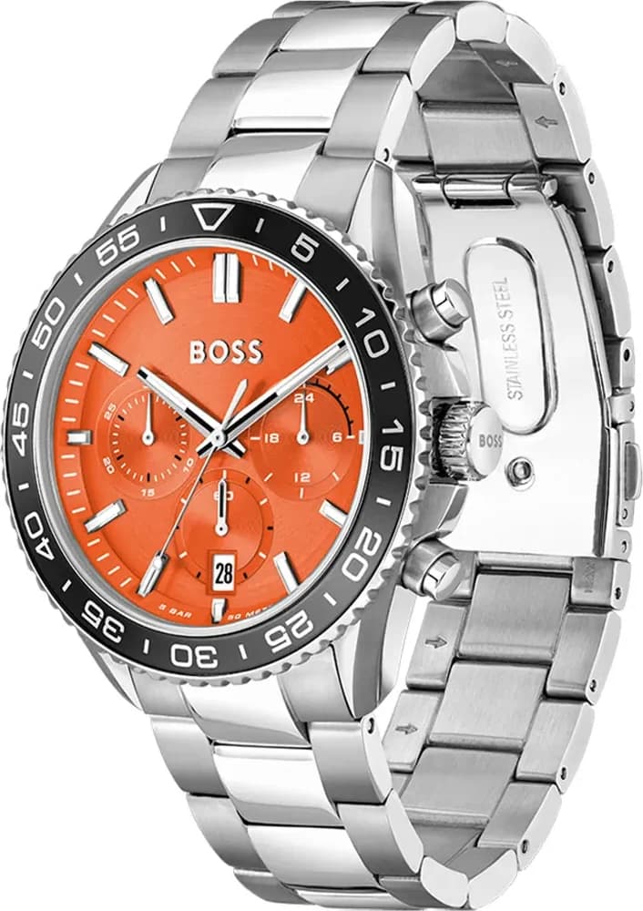 Cadran Hugo Boss 1514162 orange avec index bâtons et aiguilles argentées, date à 3h