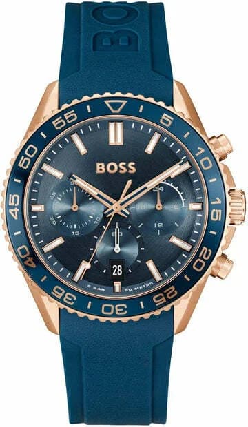 Montre Hugo Boss 1514169 avec cadran bleu soleil, trois sous-cadrans et index lumineux, style sport chic