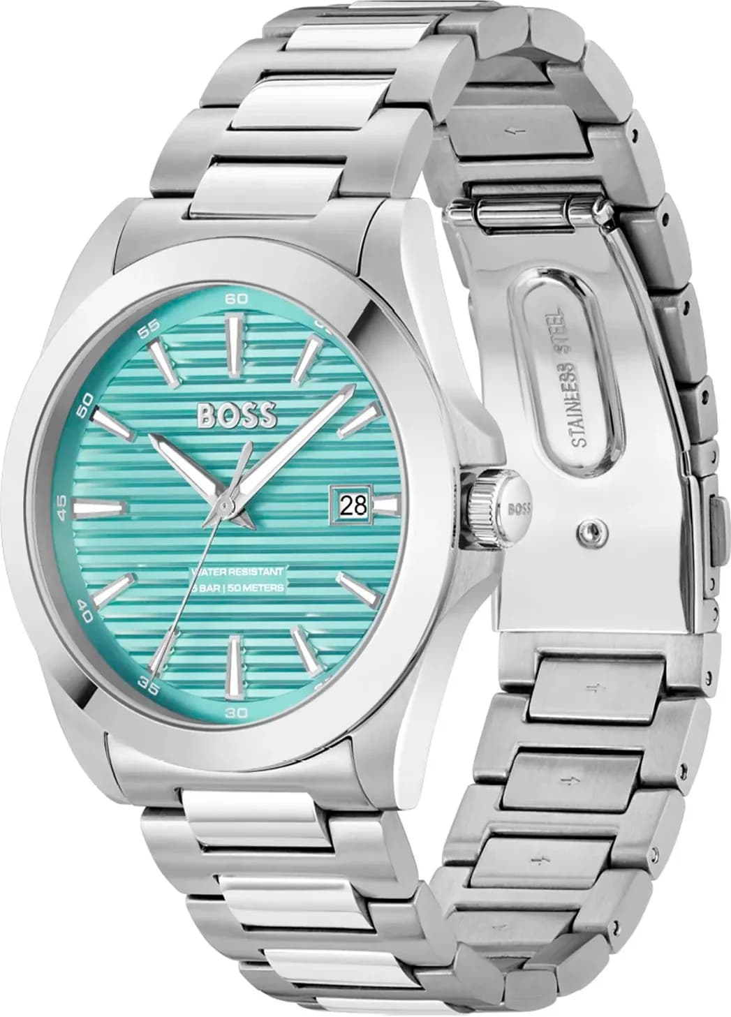 Cadran Hugo Boss 1514171 index appliqués et aiguilles argentées, date à 3h pour un look fonctionnel