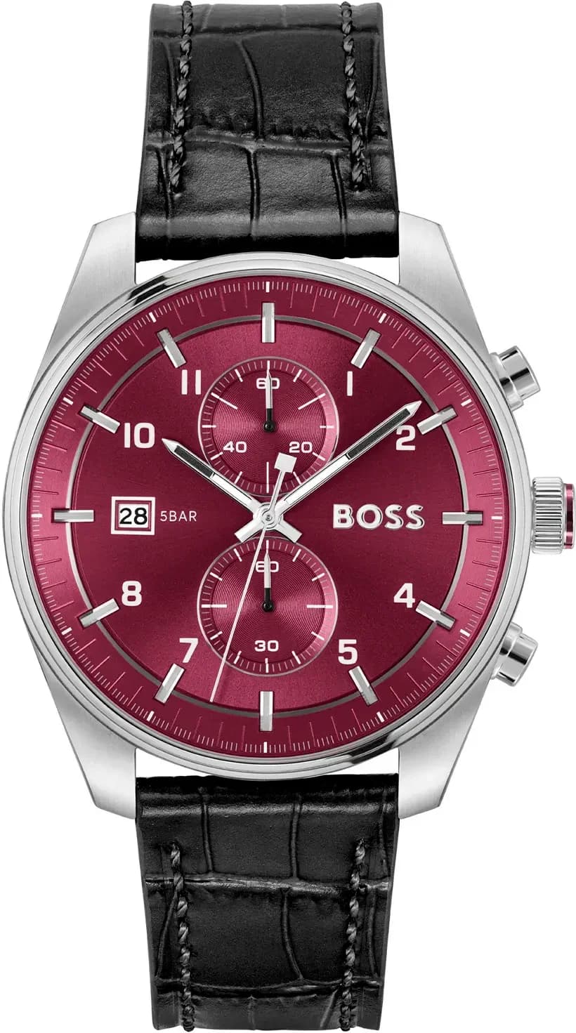 Montre Hugo Boss 1514193 Skytraveller Cadran Rouge et Cuir Noir Aspect Croco