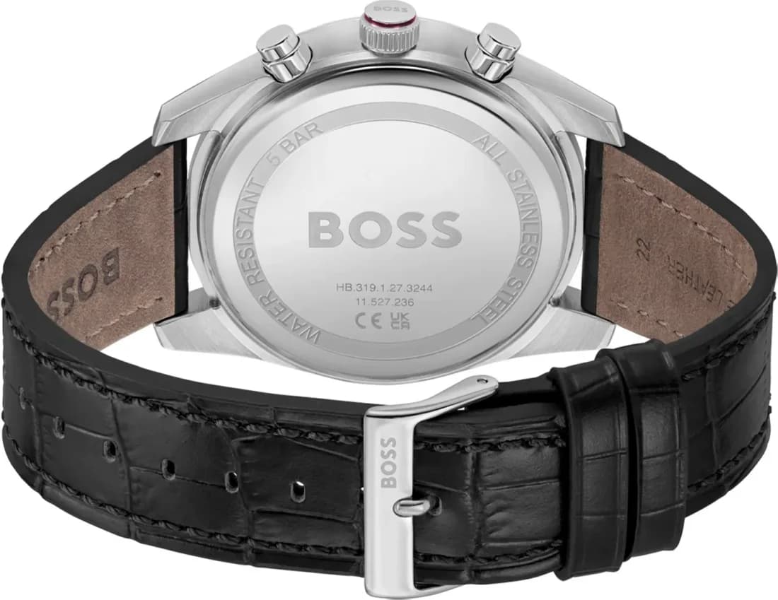 Bracelet Hugo Boss 1514193 en cuir noir aspect croco, coutures contrastées, boucle déployante