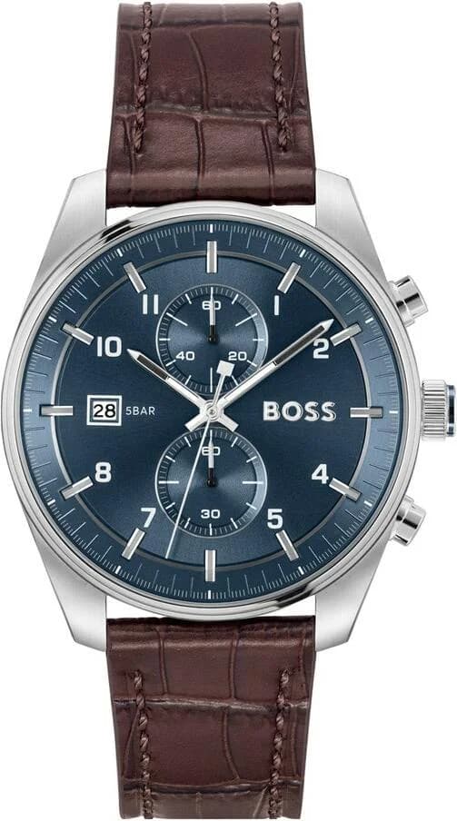 Montre Hugo Boss 1514194 chronographe acier et cuir marron, cadran noir avec compteurs, style sport chic