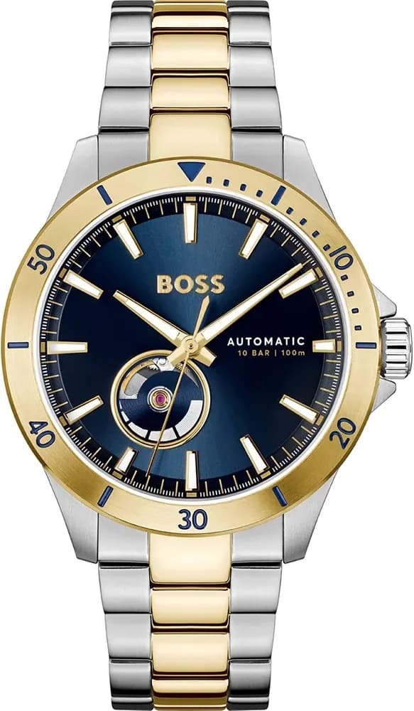 Montre Hugo Boss 1514201 au cadran bleu soleil, index bâtons et aiguilles argentées, style classique chic