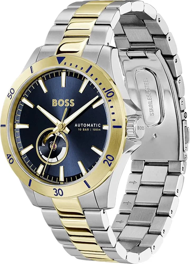 Cadran Hugo Boss 1514201 avec finition soleillée, index appliqués et aiguilles dauphine, date à 3h, design élégant