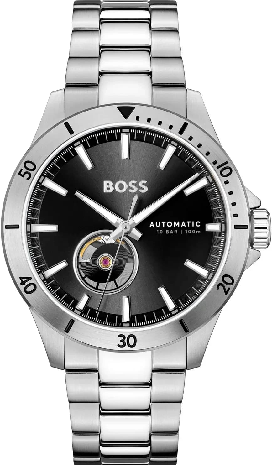 Montre Hugo Boss 1514202 au cadran noir soleil, acier argenté, style habillé sobre et moderne