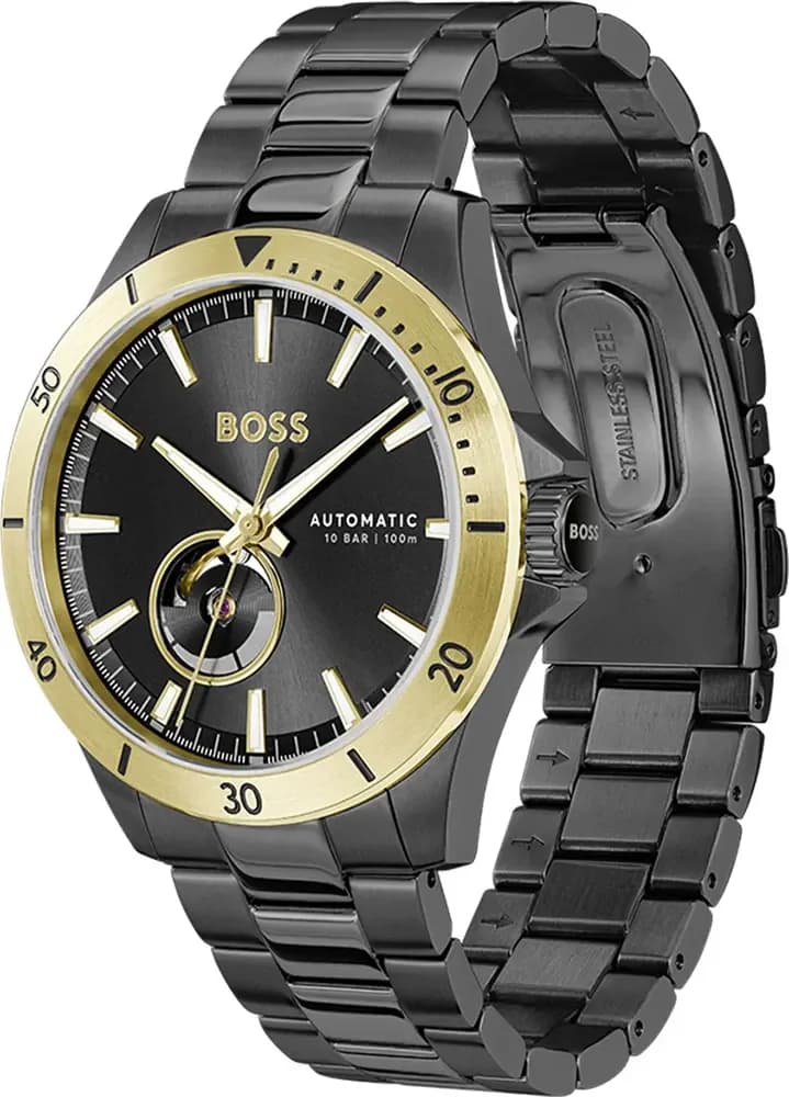 Cadran Hugo Boss 1514203 noir aux index bâtons et aiguilles luminescentes, date à 3h