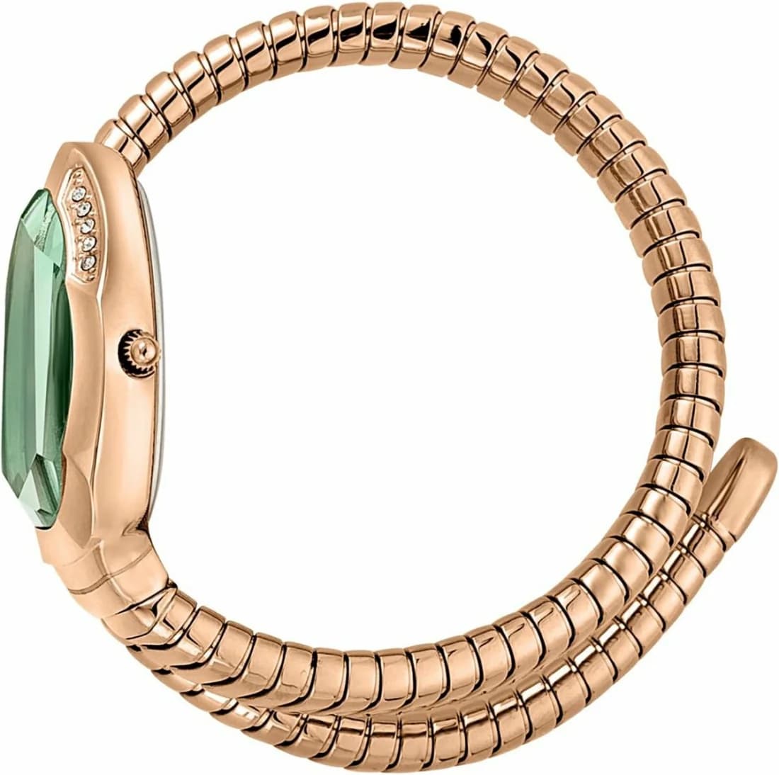 Bracelet Just Cavalli JC1L208M0055 en acier or rose et cuir vert, boucle déployante signée, style sophistiqué