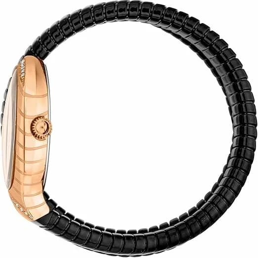 Cadran Just Cavalli JC1L248M0085 au cadran noir orné du motif serpent signature, index appliqués et date à 3h