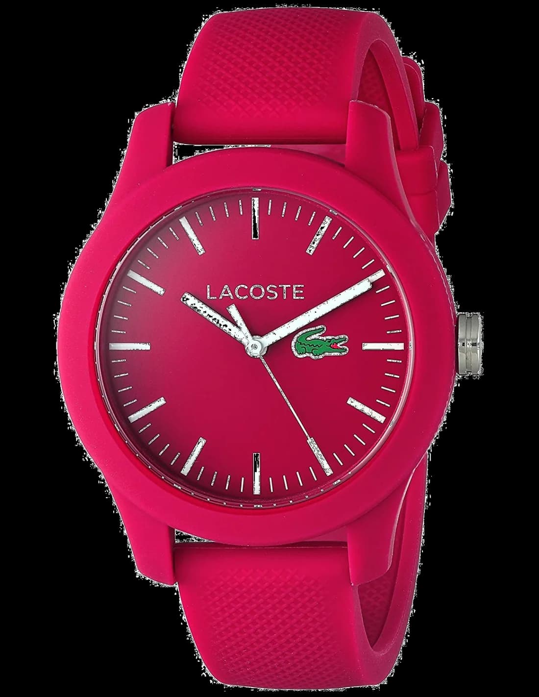 Montre Lacoste 2000957 au cadran rose soleil avec index bâtons et aiguilles blancs, style sport chic
