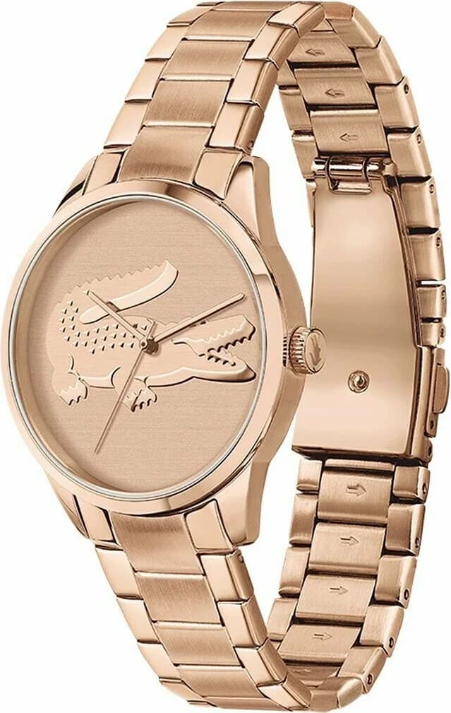 Cadran Lacoste 2001172 avec index dorés, aiguilles bâton et date à 3h, lisibilité parfaite