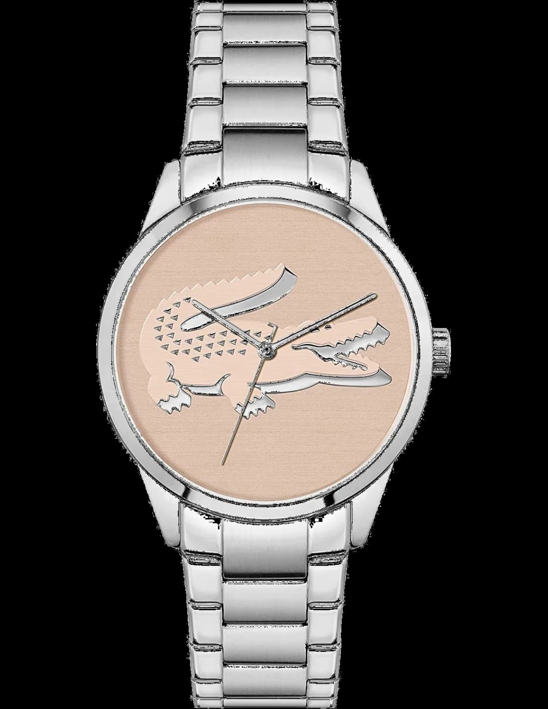 Montre Lacoste 2001173 avec cadran rose soleil, aiguilles dorées et index bâtons, style chic sportif