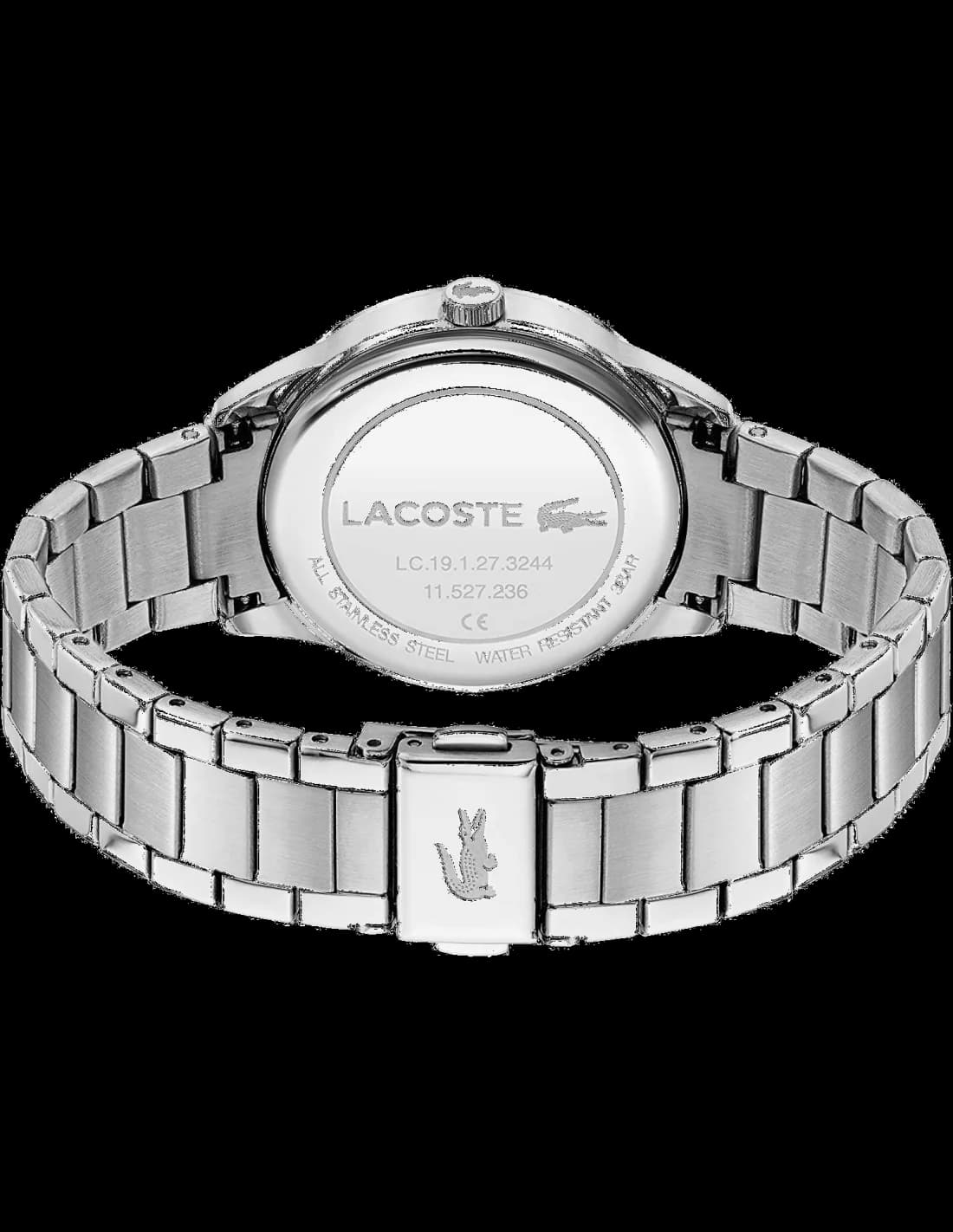 Cadran Lacoste 2001174 aux index bâtons et aiguilles argentées, finition soleillée élégante