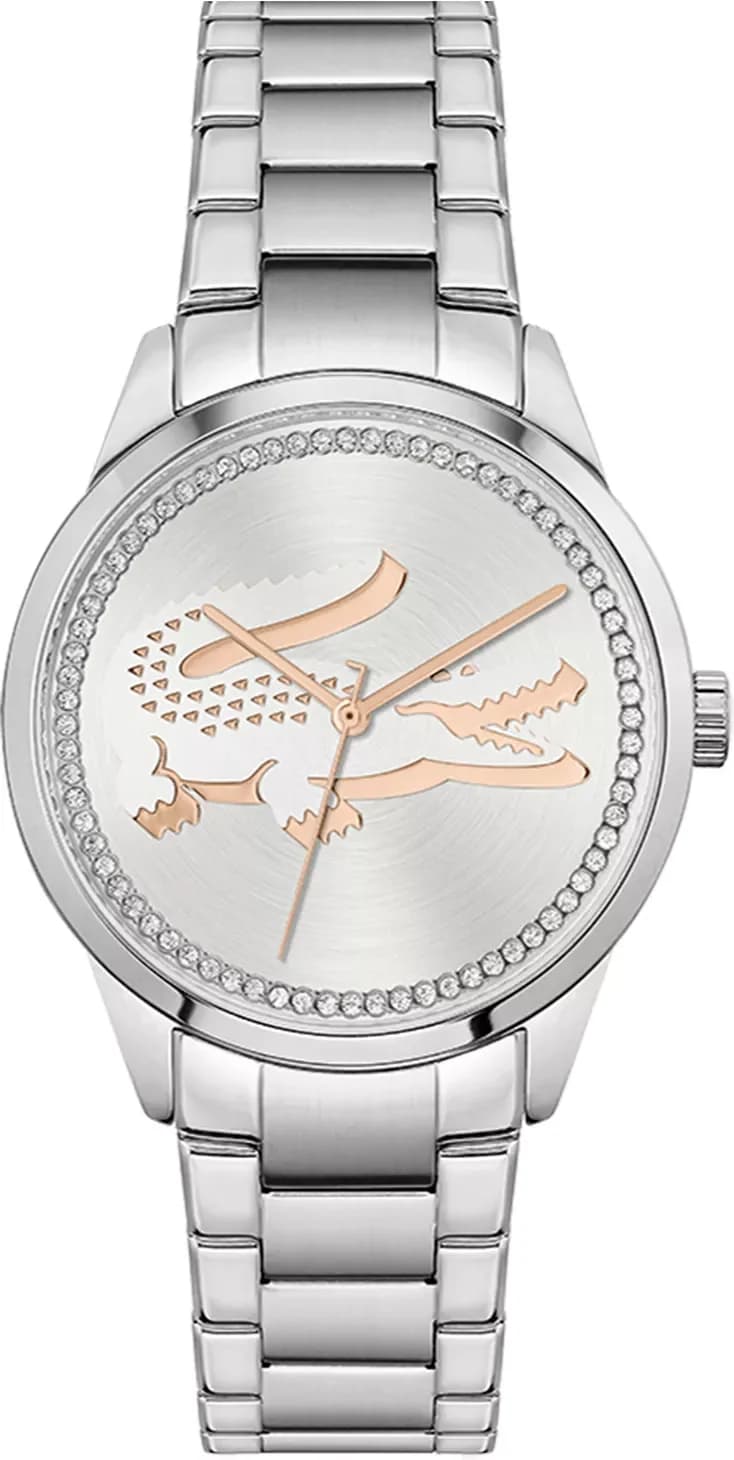 Montre Lacoste 2001189 au cadran argenté incrusté de strass, style élégant et raffiné