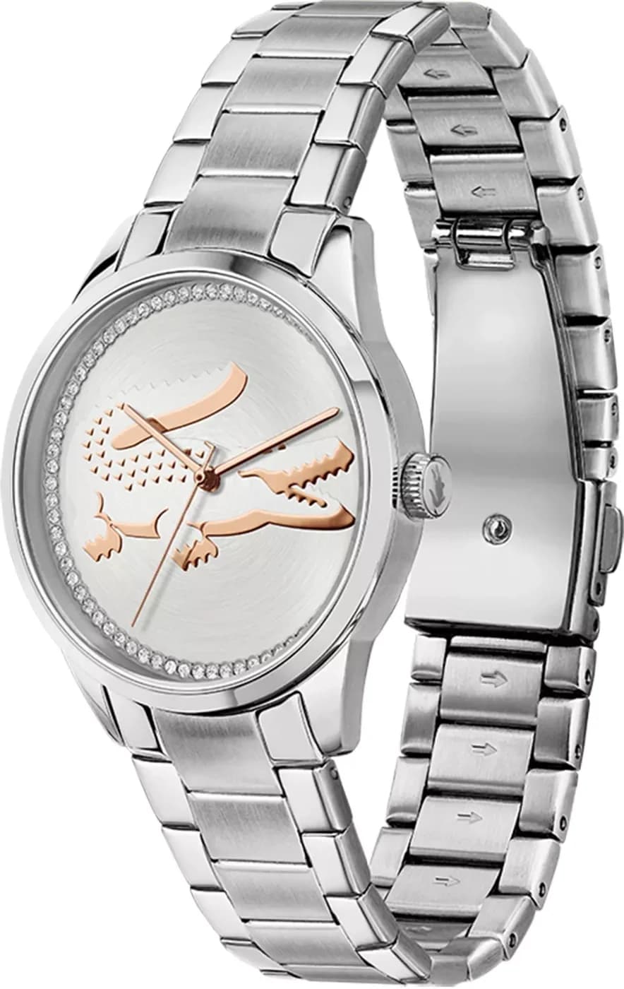 Cadran Lacoste 2001189 avec index en strass et aiguilles argentées, luxe discret et féminin