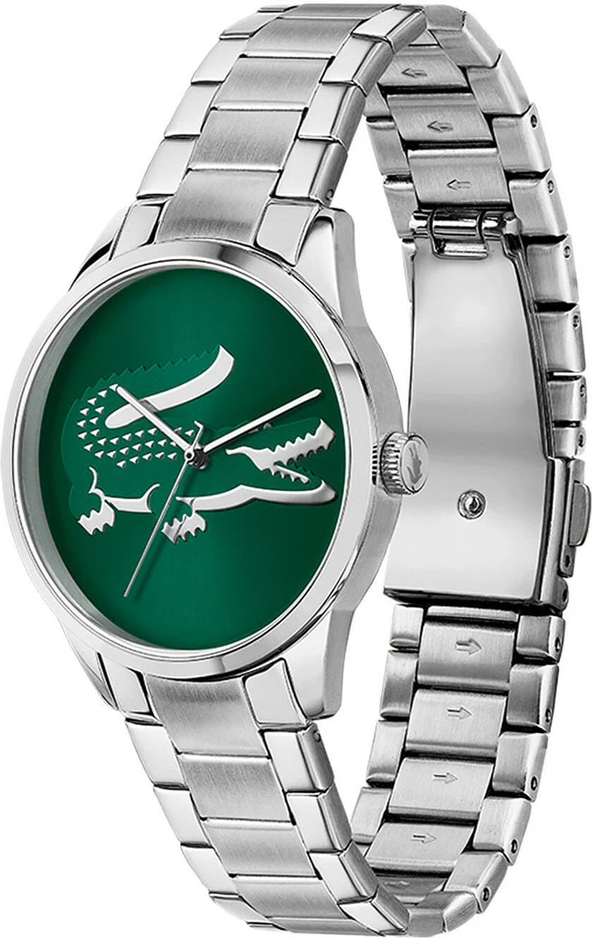 Cadran Lacoste 2001190 avec index bâtons et aiguilles argentées sur fond vert