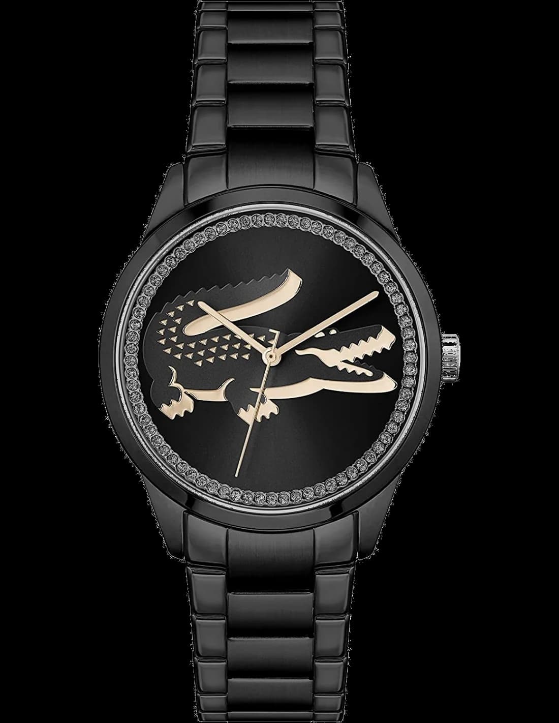 Montre Lacoste 2001192 avec cadran noir incrusté de strass et acier brossé, style chic et féminin