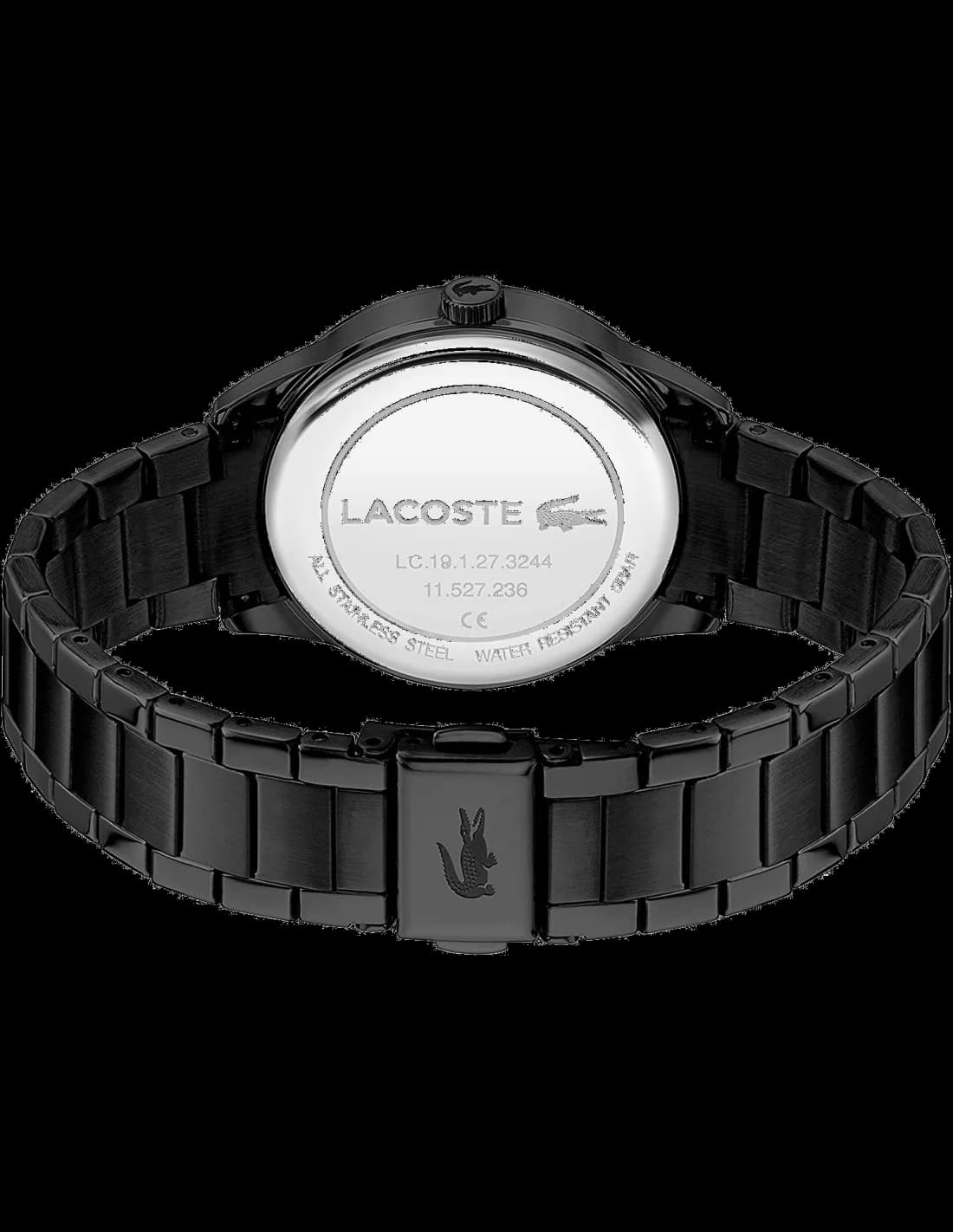 Cadran Lacoste 2001192 au fond noir orné de strass, index bâtons et aiguilles argentées, élégant