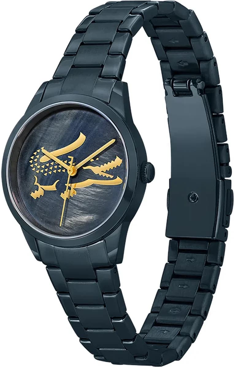 Cadran Lacoste 2001215 bleu nacré avec index appliqués et aiguilles bâton, date à 3h