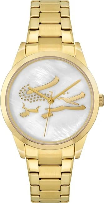 Montre Lacoste 2001216 vue principale cadran nacre blanc nacré avec index dorés et aiguilles dorées style élégant féminin