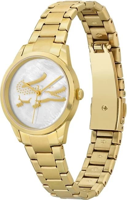 Cadran Lacoste 2001216 détail cadran nacre avec index bâtons dorés et aiguilles dauphine dorées date à 3h