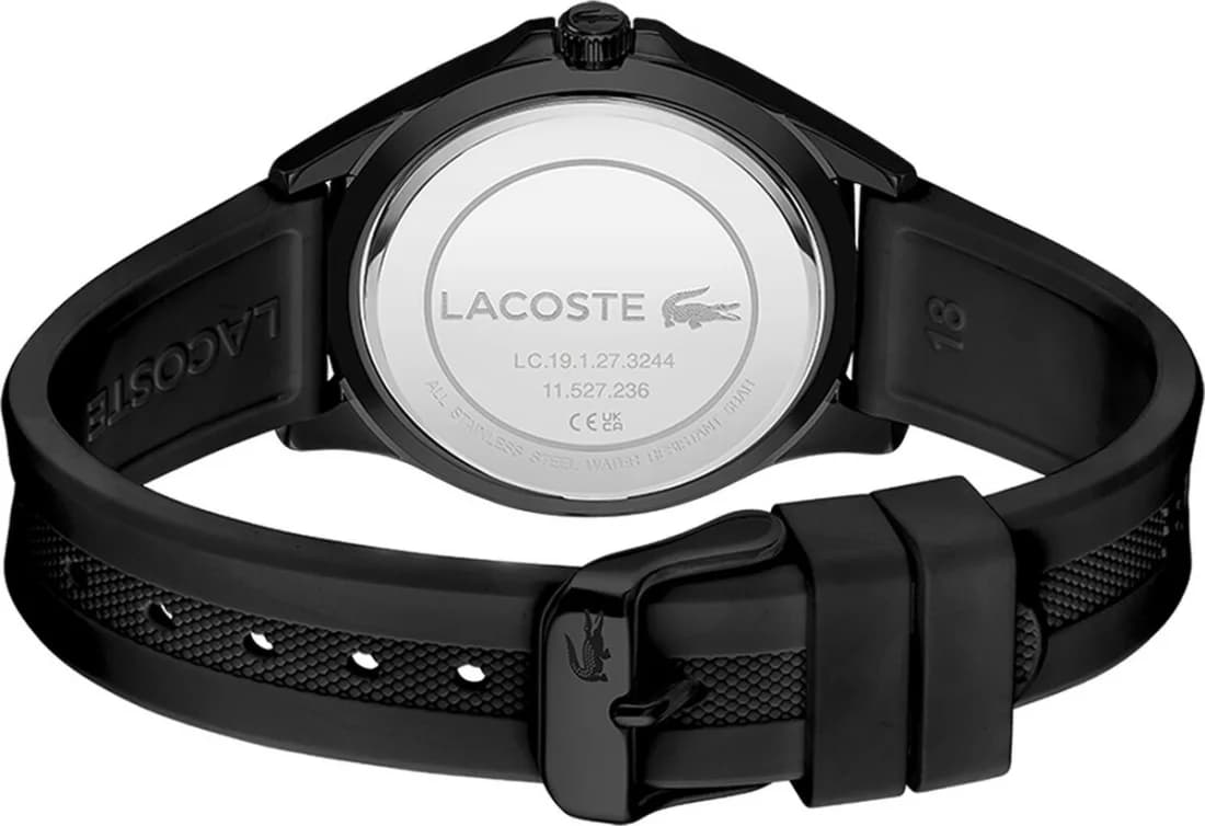 Bracelet Lacoste 2001223 silicone noir souple, boucle ardillon signée, confortable pour un usage quotidien