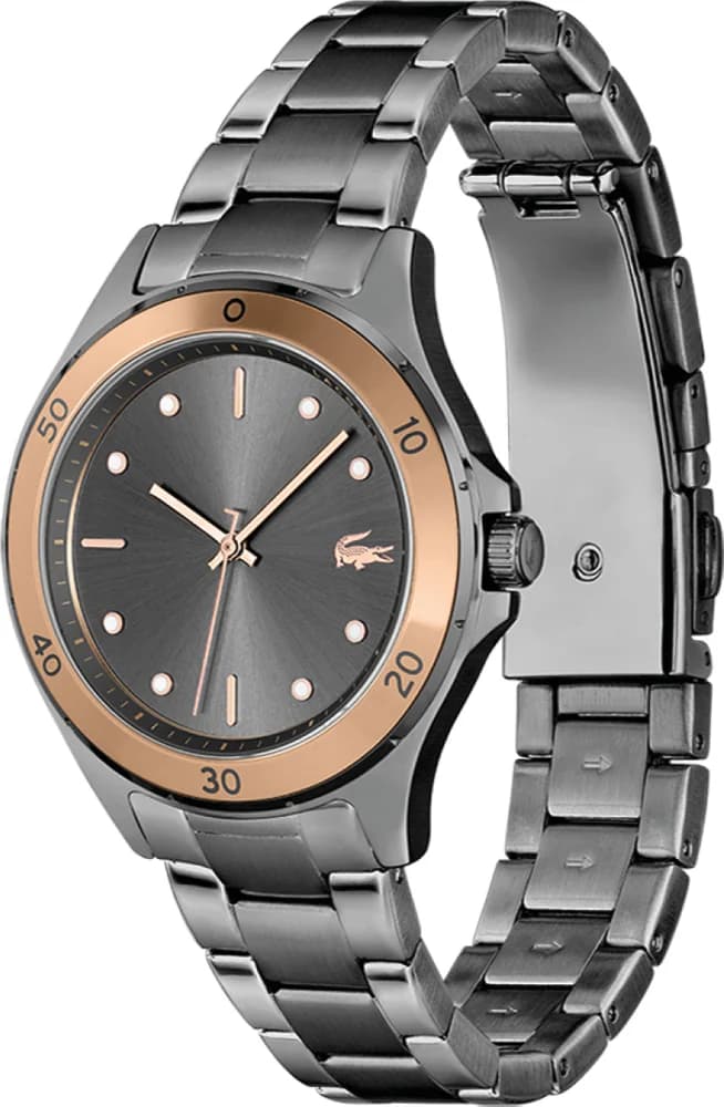Cadran Lacoste 2001224 gris soleillé, index appliques argentés, aiguilles dauphine, guichet date à 3h
