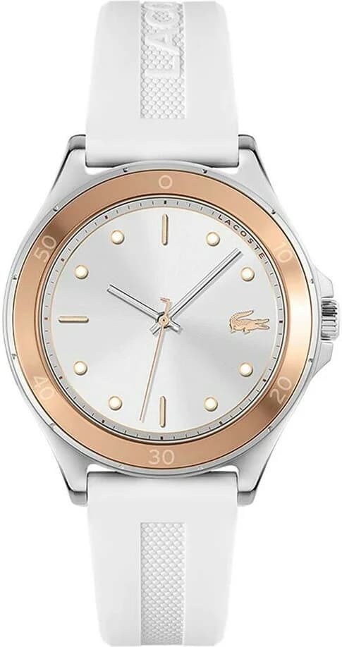 Montre Lacoste 2001225 avec cadran blanc et index dorés, style élégant et sportif