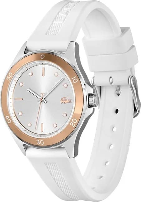 Cadran Lacoste 2001225 blanc aux index bâtons et aiguilles dorées, date à 3h