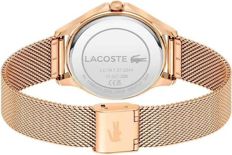 Bracelet Lacoste 2001238 en maille milanaise or rose avec boucle déployante ajustable, finition brillante et confort au poignet