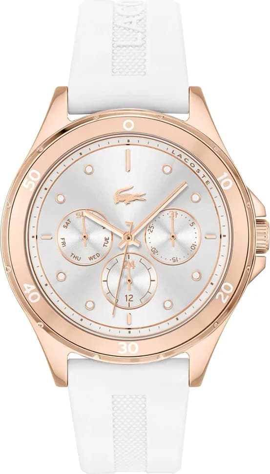 Montre Lacoste 2001244 blanche avec cadran blanc multifonctions et index dorés, style sport chic