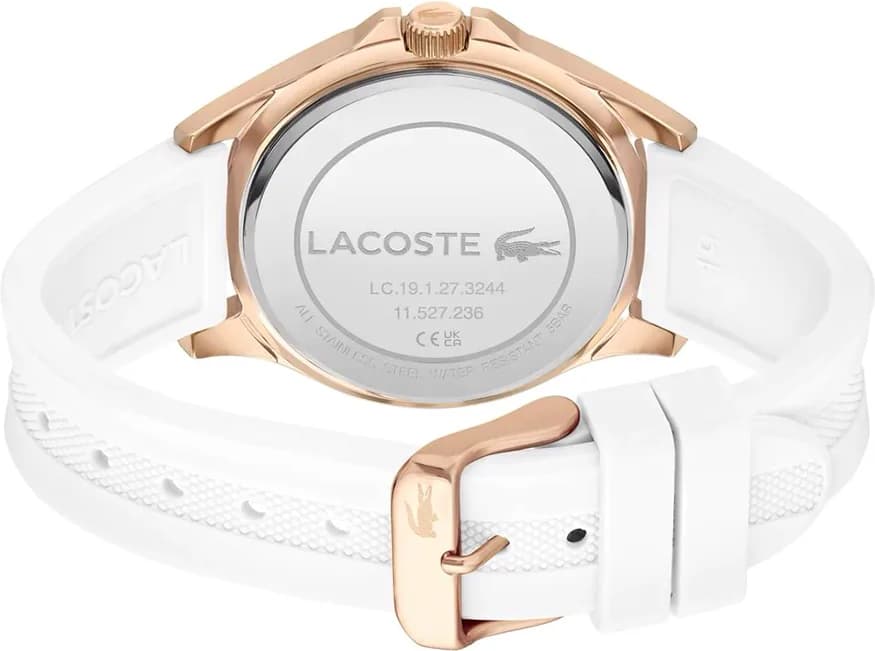 Bracelet Lacoste 2001244 en silicone blanc souple, confortable au poignet, fermoir boucle ardillon