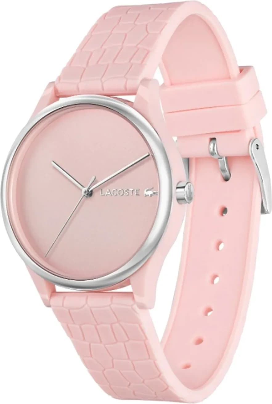 Cadran Lacoste 2001248 aux index bâtons et aiguilles dorés sur fond rose
