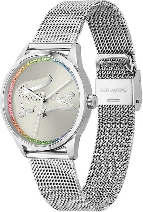 Cadran Lacoste 2001259 avec index en strass, aiguilles baton et verre saphir, éclat luxueux