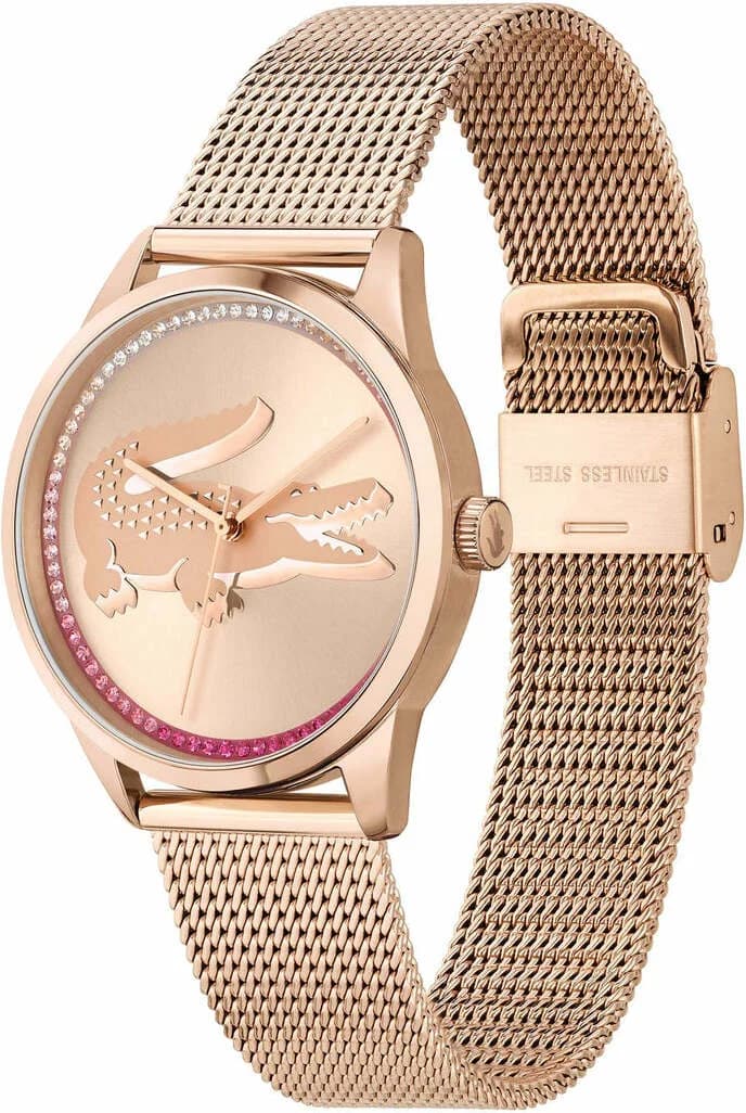 Montre Femme Lacoste Ladycroc 2001261 bracelet acier maille milanaise or rose cadran incrusté de strass vue 2