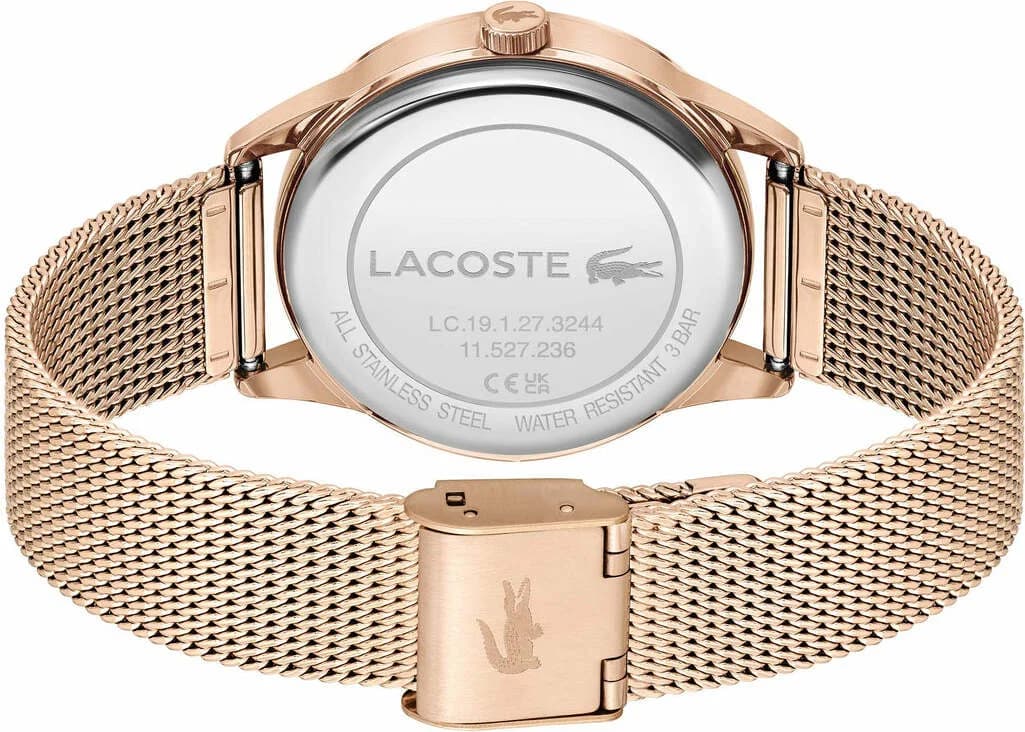 Montre Femme Lacoste Ladycroc 2001261 bracelet acier maille milanaise or rose cadran incrusté de strass vue 3