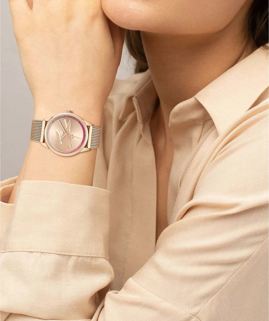 Montre Femme Lacoste Ladycroc 2001261 bracelet acier maille milanaise or rose cadran incrusté de strass vue 4