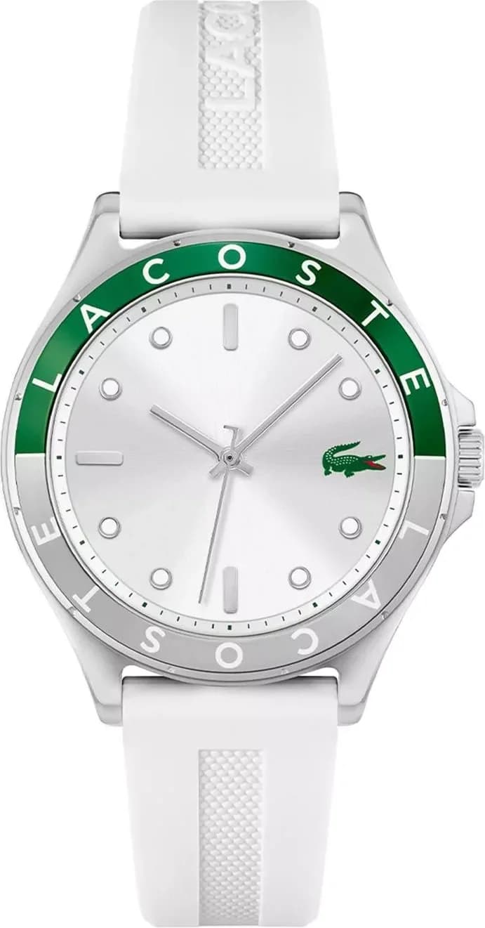 Montre Lacoste 2001265 au cadran blanc épuré, aiguilles argentées et index bâtons, style sport chic