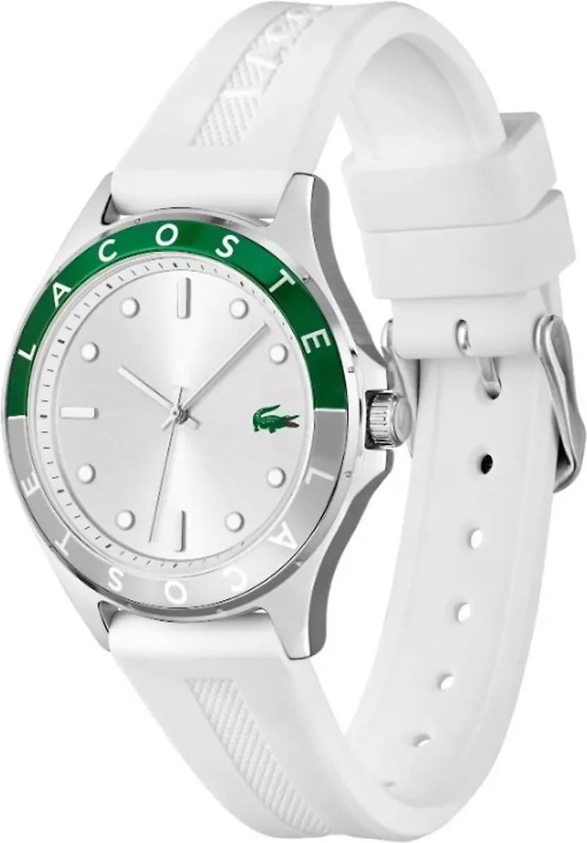Cadran Lacoste 2001265 blanc avec index appliqués et aiguilles luminescentes, date à 3h, logo crocodile