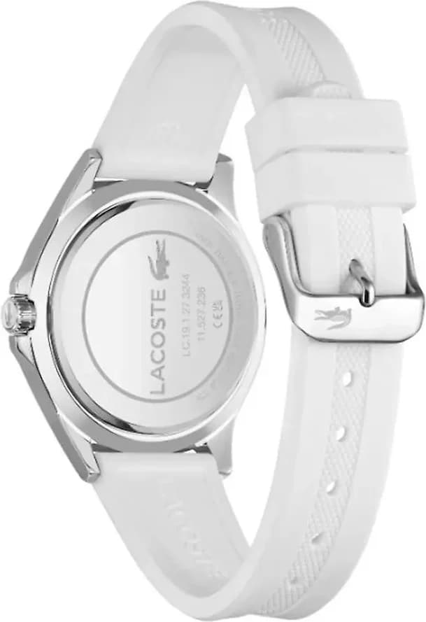 Bracelet Lacoste 2001265 silicone blanc souple, fermoir ardillon, gravure crocodile, confortable au poignet