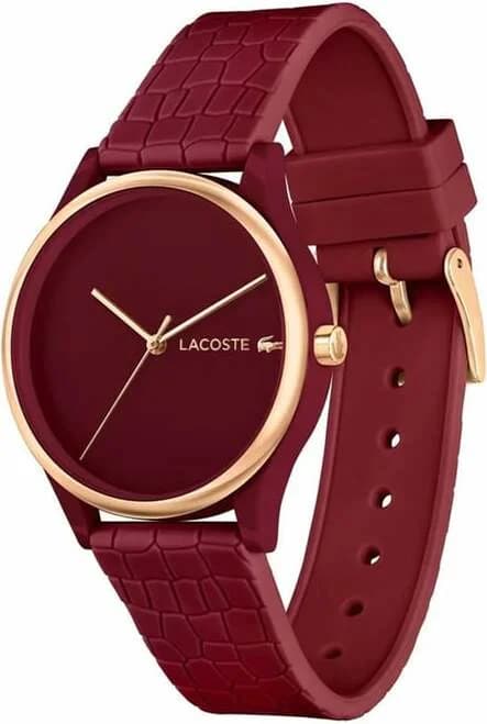 Cadran Lacoste 2001283 avec cadran blanc, index appliques dorés et aiguilles bâton, date à 3h