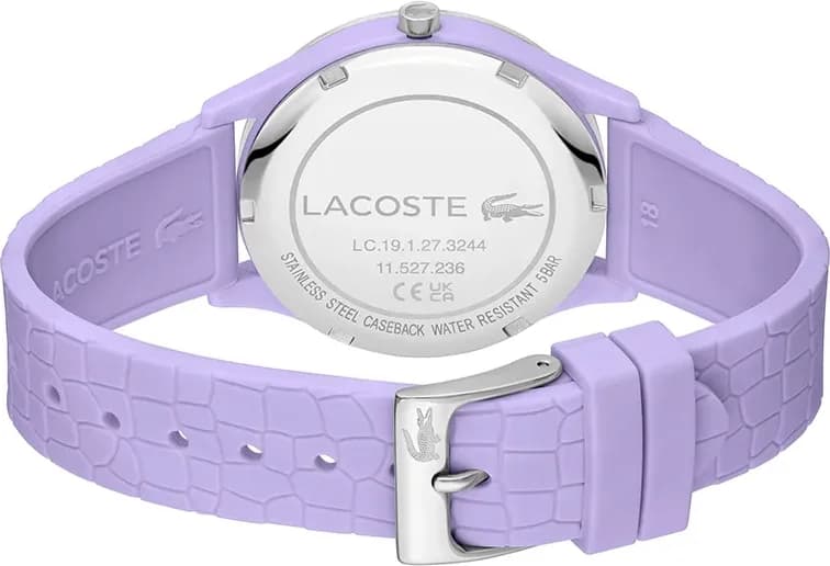 Bracelet Lacoste 2001284 en silicone lilas doux et résistant, fermoir boucle ardillon pour un ajustement confortable